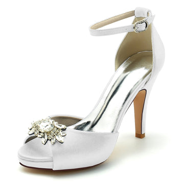 Women's Wedding Shoes Thick Sole Peep Toe Stiletto Heel Buckle Bridal Shoes with Rhinestone