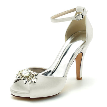 Women's Wedding Shoes Thick Sole Peep Toe Stiletto Heel Buckle Bridal Shoes with Rhinestone