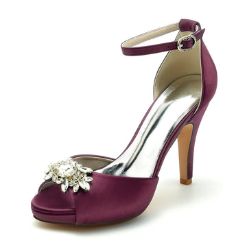 Women's Wedding Shoes Thick Sole Peep Toe Stiletto Heel Buckle Bridal Shoes with Rhinestone