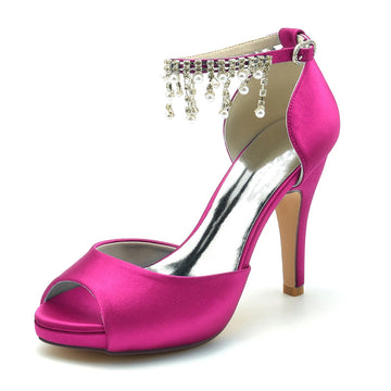 Women's Wedding Shoes Black Peep Toe Thick Sole Buckle Bridal Shoes with Pearl Tassel