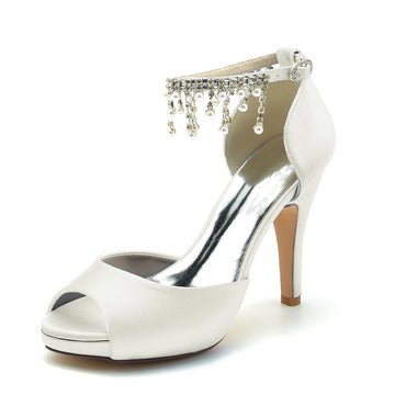 Women's Wedding Shoes Black Peep Toe Thick Sole Buckle Bridal Shoes with Pearl Tassel