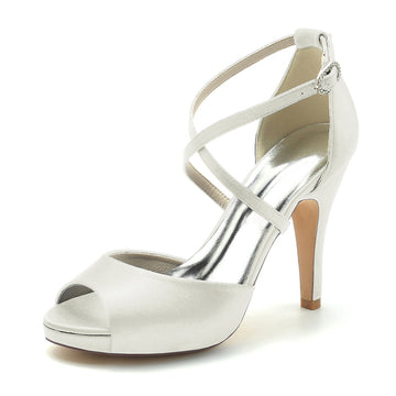Women's Wedding Shoes Silver High Heel Thick Sole Crossed Straps Elegant Bridal Shoes