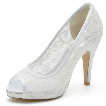 Women's Wedding Shoes Lace Pointed Toe Stiletto Heel Bridal Shoes with Crystals