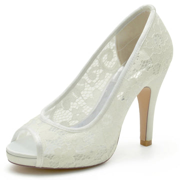 Women's Wedding Shoes Lace Pointed Toe Stiletto Heel Bridal Shoes with Crystals
