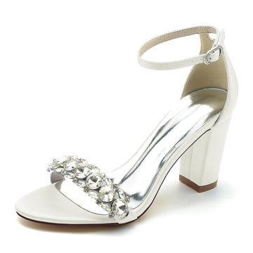 Women's Wedding Shoes Block Heel Opened Toe Rhinestone Strap Buckle Bridal Shoes
