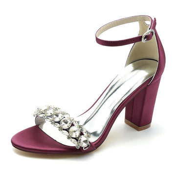 Women's Wedding Shoes Block Heel Opened Toe Rhinestone Strap Buckle Bridal Shoes