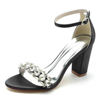 Women's Wedding Shoes Block Heel Opened Toe Rhinestone Strap Buckle Bridal Shoes