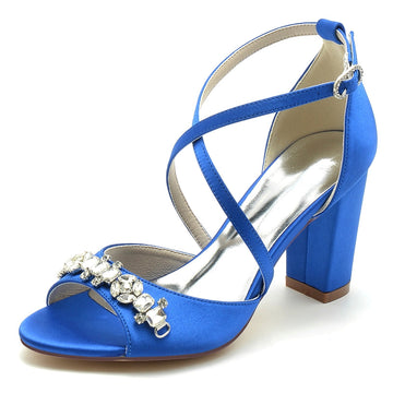 Women's Wedding Shoes Block Heel Crossed Strap Buckle Bridal Shoes with Rhinestone