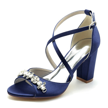 Women's Wedding Shoes Block Heel Crossed Strap Buckle Bridal Shoes with Rhinestone