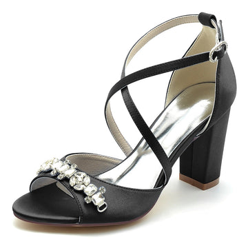 Women's Wedding Shoes Block Heel Crossed Strap Buckle Bridal Shoes with Rhinestone