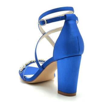 Women's Wedding Shoes Chunky Heel Crossed Strap Chic Buckle Bridal Shoes with Rhinestone