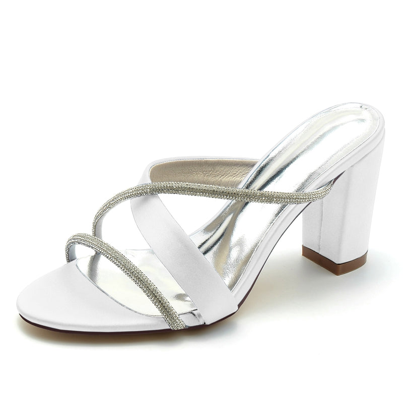Women's Wedding Shoes Opened Toe Block Heel Crossed Strap Luxurious Bridal Shoes with Rhinestone