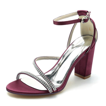 Women's Wedding Shoes Opened Toe Chunky Heel Crossed Crystal Straps Fashionable Buckle Bridal Shoes