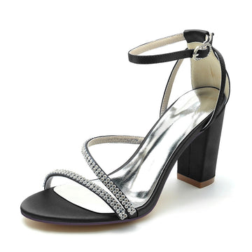 Women's Wedding Shoes Opened Toe Chunky Heel Crossed Crystal Straps Fashionable Buckle Bridal Shoes
