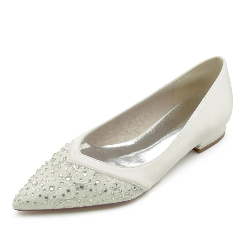 Women's Wedding Shoes Low Heel Pointed Toe Minimalist Bridal Shoes with Crystals