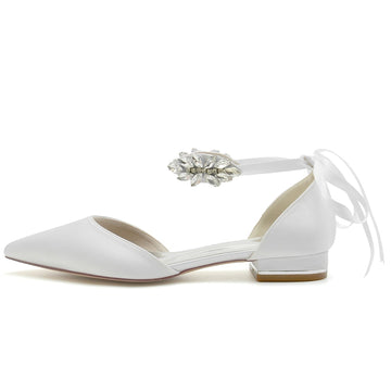 Women's Wedding Shoes Closed Toe Flat Heel Rhinestone High-End Buckle Bridal Shoes with Bow