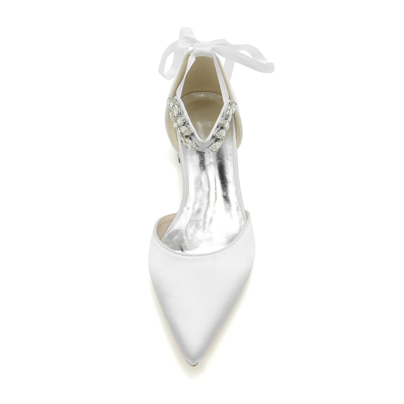 Women's Wedding Shoes Closed Toe Flat Heel Rhinestone High-End Buckle Bridal Shoes with Bow