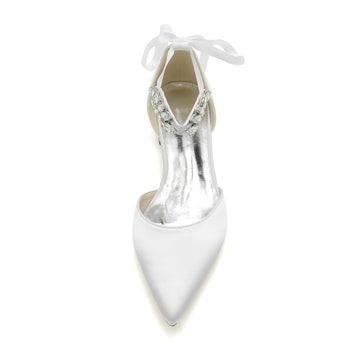 Women's Wedding Shoes Closed Toe Flat Heel Rhinestone High-End Buckle Bridal Shoes with Bow