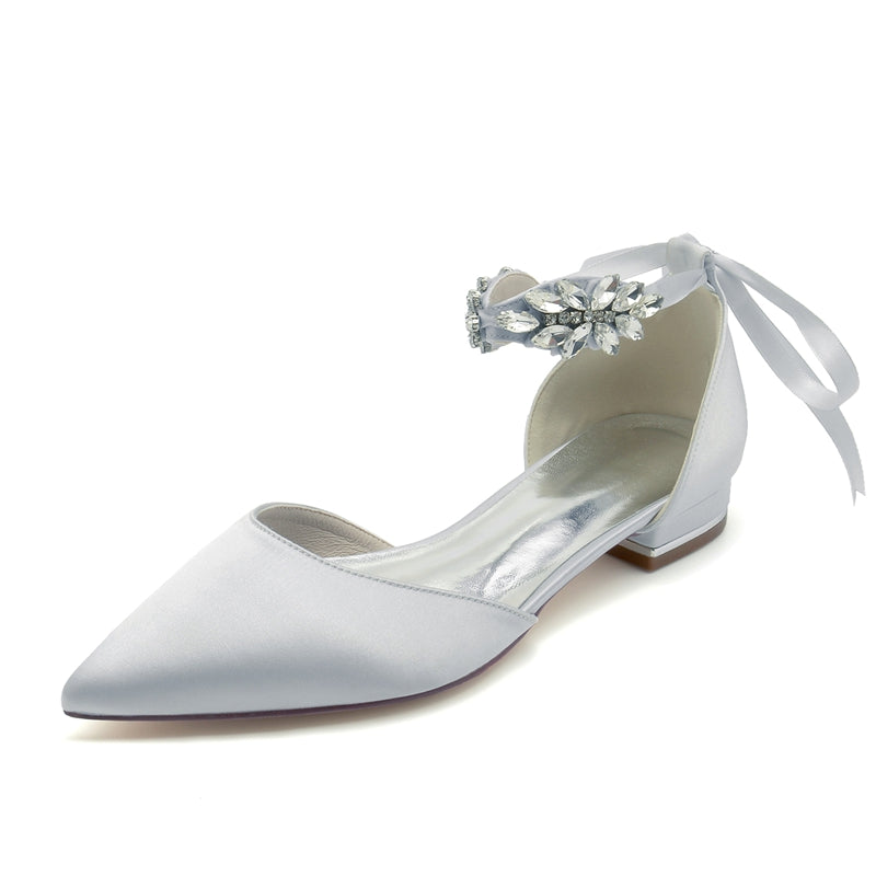Women's Wedding Shoes Closed Toe Flat Heel Rhinestone High-End Buckle Bridal Shoes with Bow
