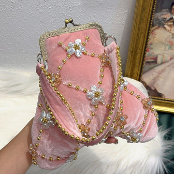 Pink Delicate Traditional Velvet Flower Evening Clutch Bag with Beadings