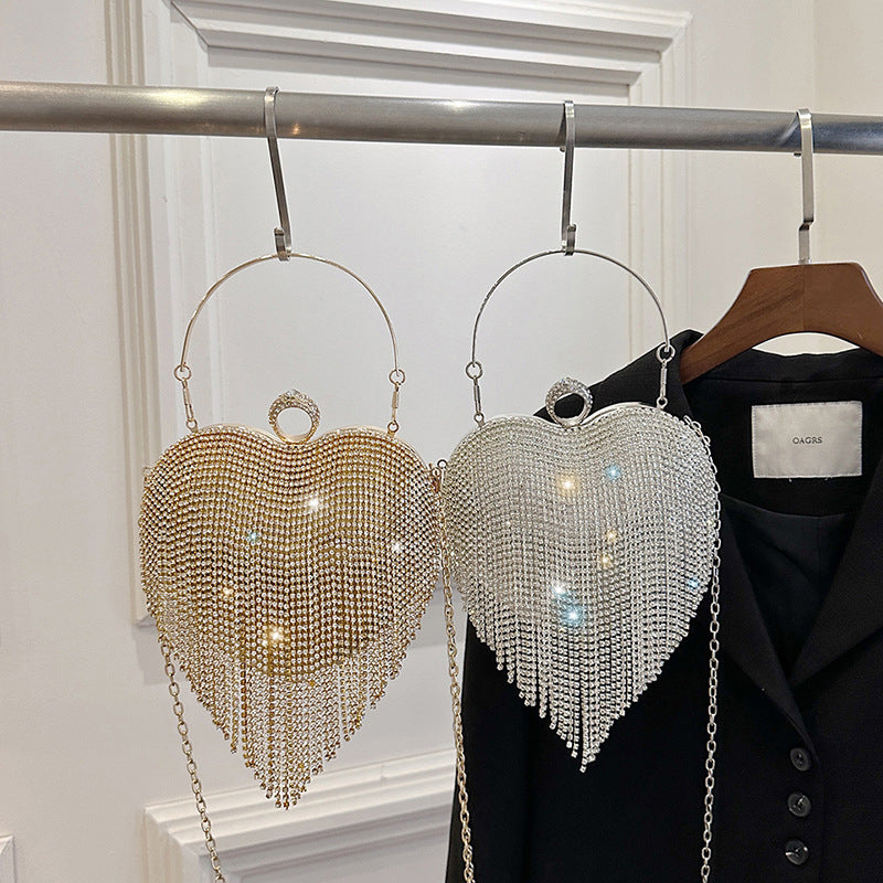 Gold PVC High-End Elegant Heart Daily Wedding Party Clutch Bag with Crystal Tassel