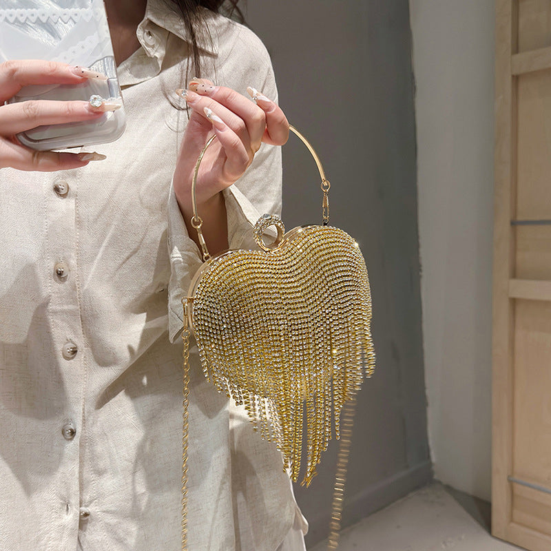 Gold PVC High-End Elegant Heart Daily Wedding Party Clutch Bag with Crystal Tassel