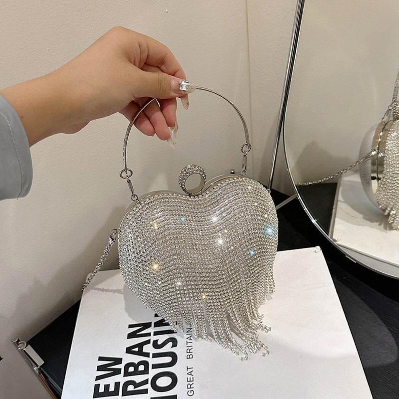 Gold PVC High-End Elegant Heart Daily Wedding Party Clutch Bag with Crystal Tassel