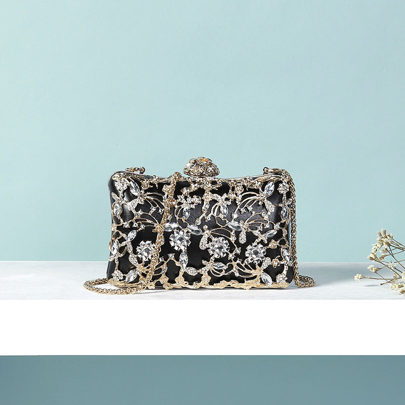 White Luxurious Delicate Square Evening Wedding Party Clutch Bag with Flower & Rhinestone