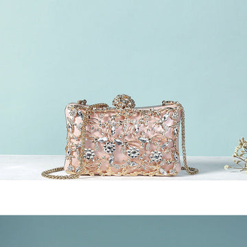 White Luxurious Delicate Square Evening Wedding Party Clutch Bag with Flower & Rhinestone