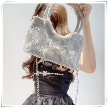 Silver Luxurious Sparkling Crystal Fashion Wedding Party Clutch Bag with Bowknot
