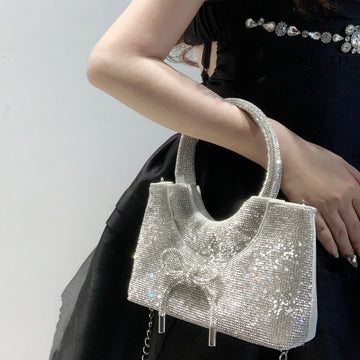 Silver Luxurious Sparkling Crystal Fashion Wedding Party Clutch Bag with Bowknot