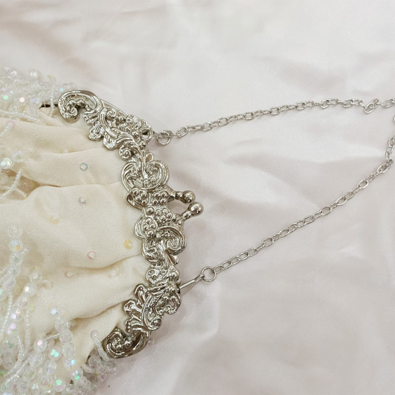 Beige Retro Silk Elegant Chain Evening Hand Bag with Beadings & Tassels