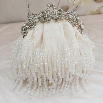 Beige Retro Silk Elegant Chain Evening Hand Bag with Beadings & Tassels