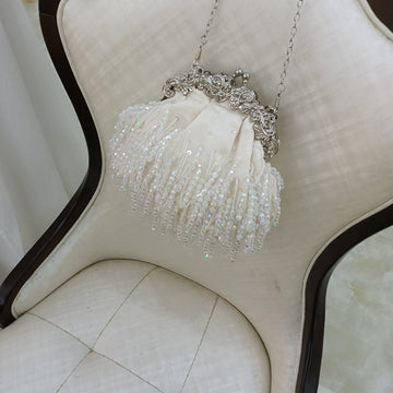 Beige Retro Silk Elegant Chain Evening Hand Bag with Beadings & Tassels
