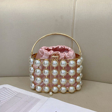Champagne Elegant Velvet Wedding Party Evening Chain Clutch Bag with White Pearls