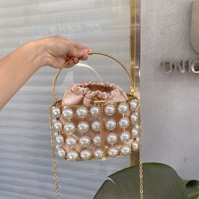 Champagne Elegant Velvet Wedding Party Evening Chain Clutch Bag with White Pearls