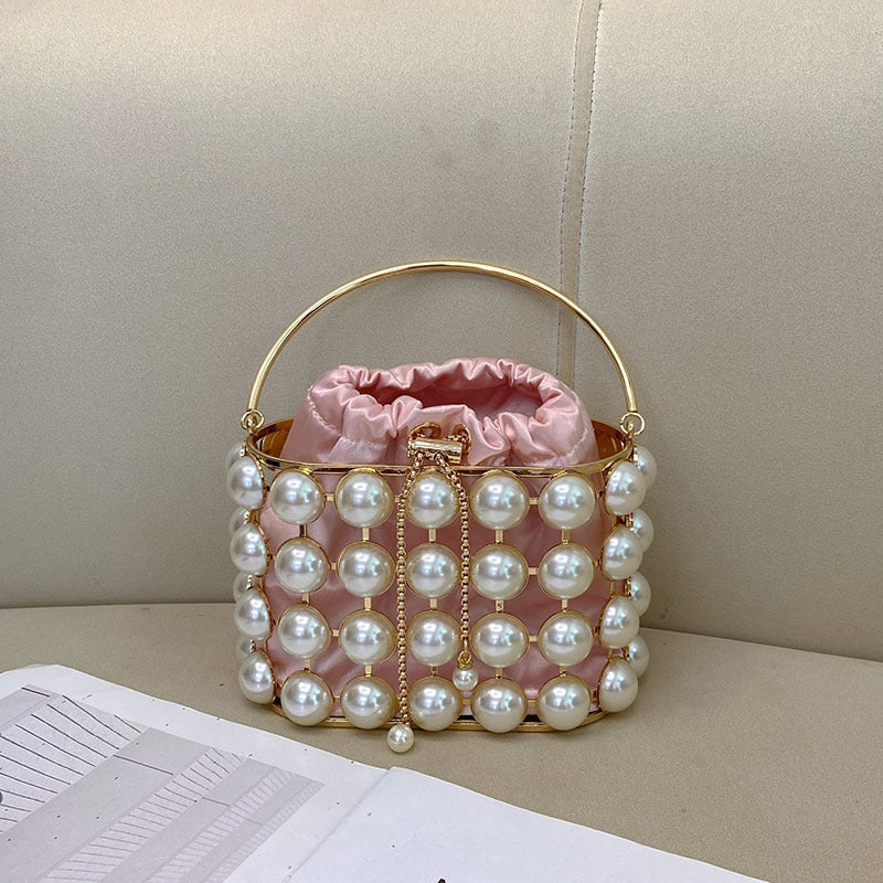 Champagne Elegant Velvet Wedding Party Evening Chain Clutch Bag with White Pearls