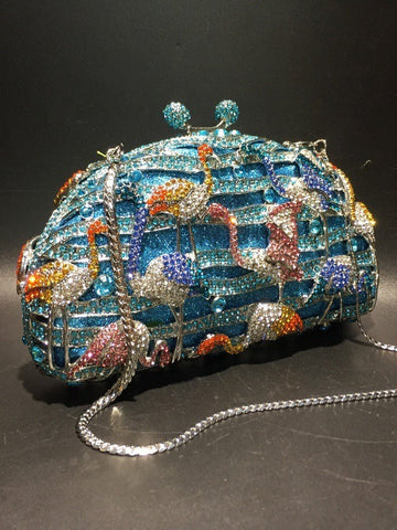 Women's Flamingo Metal Evening Party Clutch Bag with Fully Rhinestones