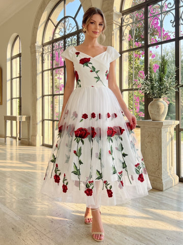 A-Line/Princess Off-the-Shoulder Cocktail Party Dresses Knee Length Short Sleeves with Embroidery Appliques