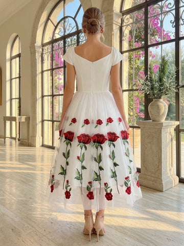 A-Line/Princess Off-the-Shoulder Cocktail Party Dresses Knee Length Short Sleeves with Embroidery Appliques