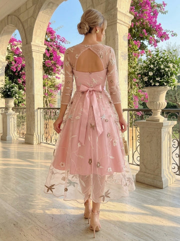 A-Line/Princess Off-the-Shoulder Formal Cocktail Dresses Knee Length Half Sleeves Party Dresswith Embroidery Appliques