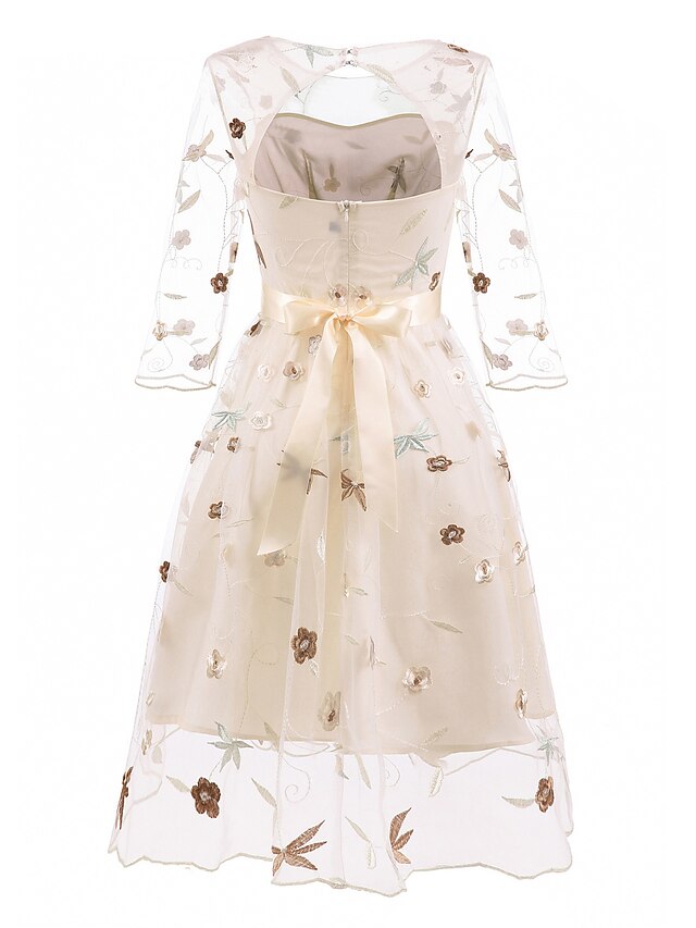 A-Line/Princess Off-the-Shoulder Formal Cocktail Dresses Knee Length Half Sleeves Party Dresswith Embroidery Appliques