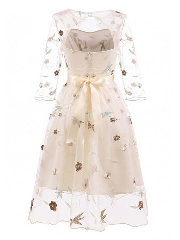 A-Line/Princess Off-the-Shoulder Formal Cocktail Dresses Knee Length Half Sleeves Party Dresswith Embroidery Appliques