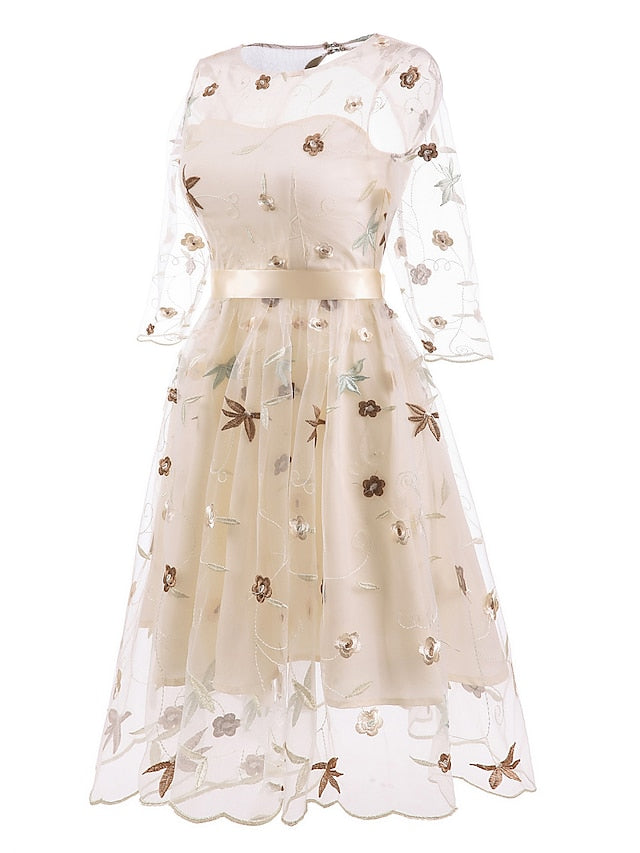 A-Line/Princess Off-the-Shoulder Formal Cocktail Dresses Knee Length Half Sleeves Party Dresswith Embroidery Appliques