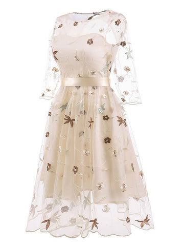A-Line/Princess Off-the-Shoulder Formal Cocktail Dresses Knee Length Half Sleeves Party Dresswith Embroidery Appliques