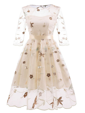 A-Line/Princess Off-the-Shoulder Formal Cocktail Dresses Knee Length Half Sleeves Party Dresswith Embroidery Appliques