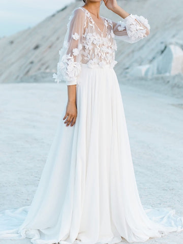 A-Line/Princess V-Neck Floor-Length Wedding Dress With Appliques