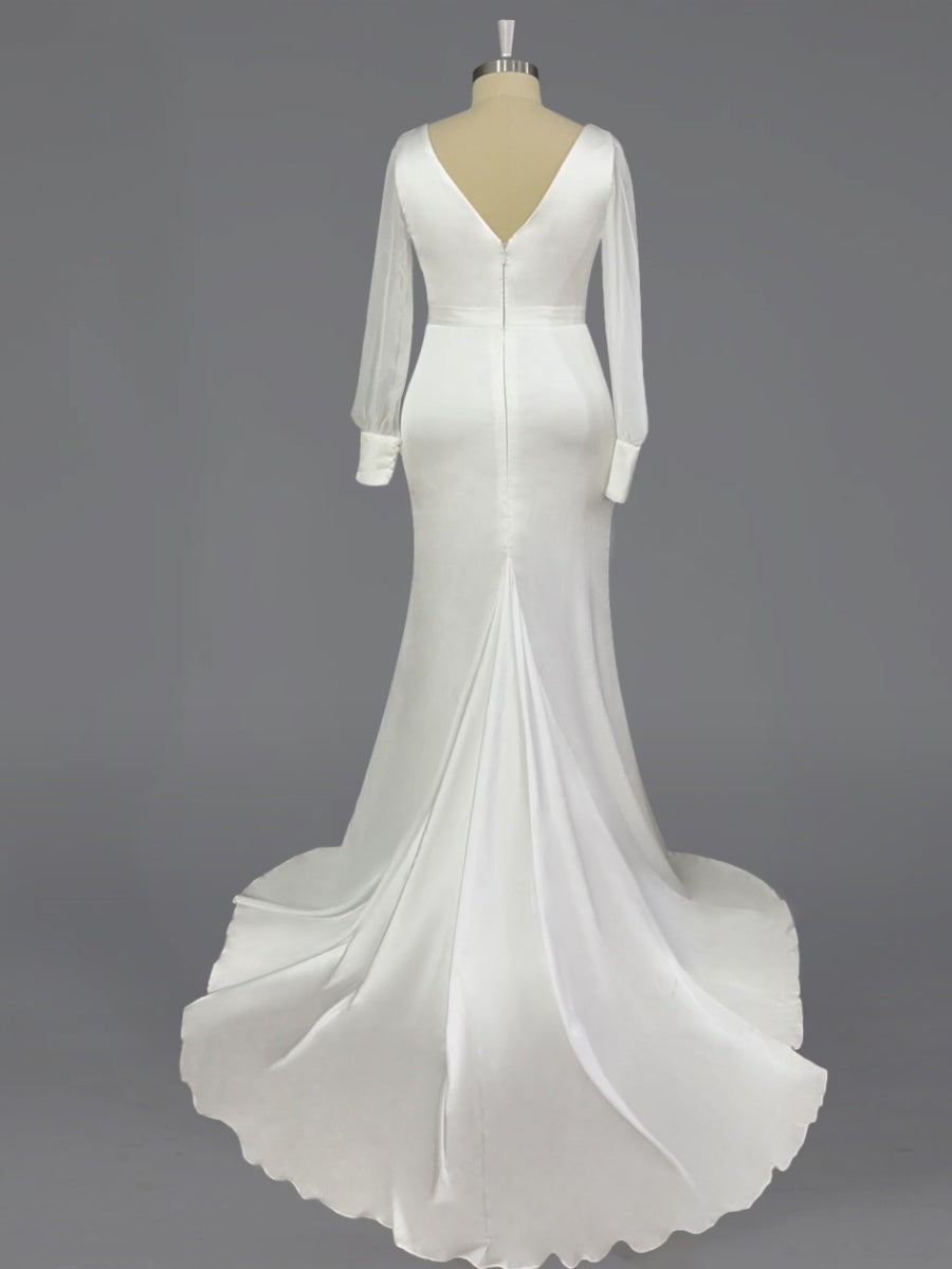 Trumpet/Mermaid V-Neck Floor-Length Long Sleeves Wedding Dress