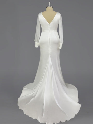 Trumpet/Mermaid V-Neck Floor-Length Long Sleeves Wedding Dress