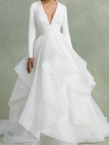 A-Line/Princess V-Neck Floor-Length Ball-Gown Wedding Dress With Ruffles